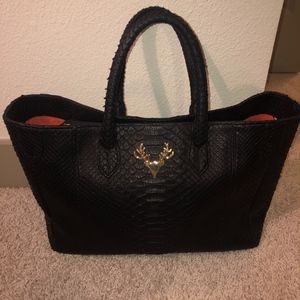 Black Python Tote Bag, Red Interior, Taxidermy